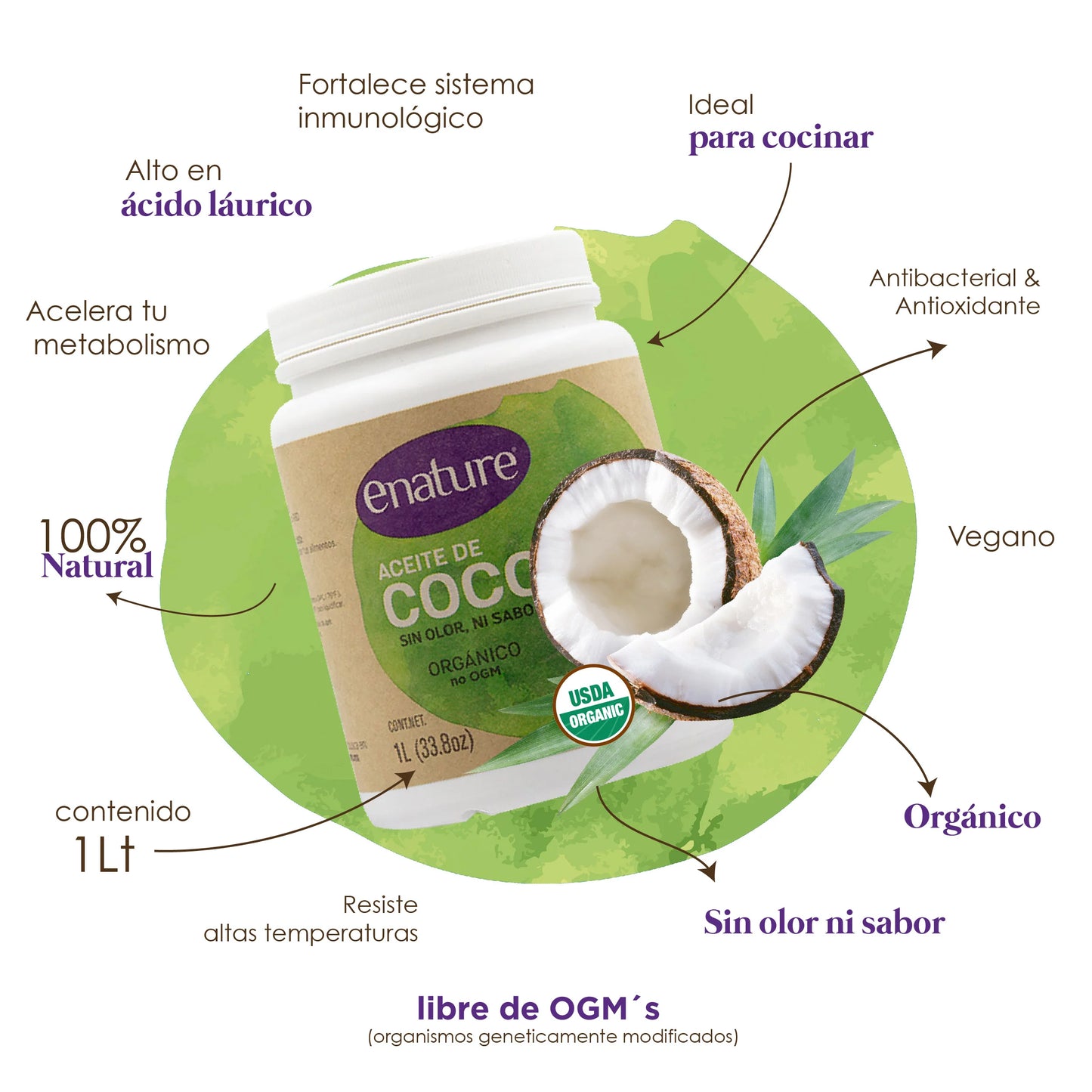 Aceite de Coco Orgánico Sin olor ni sabor 1L